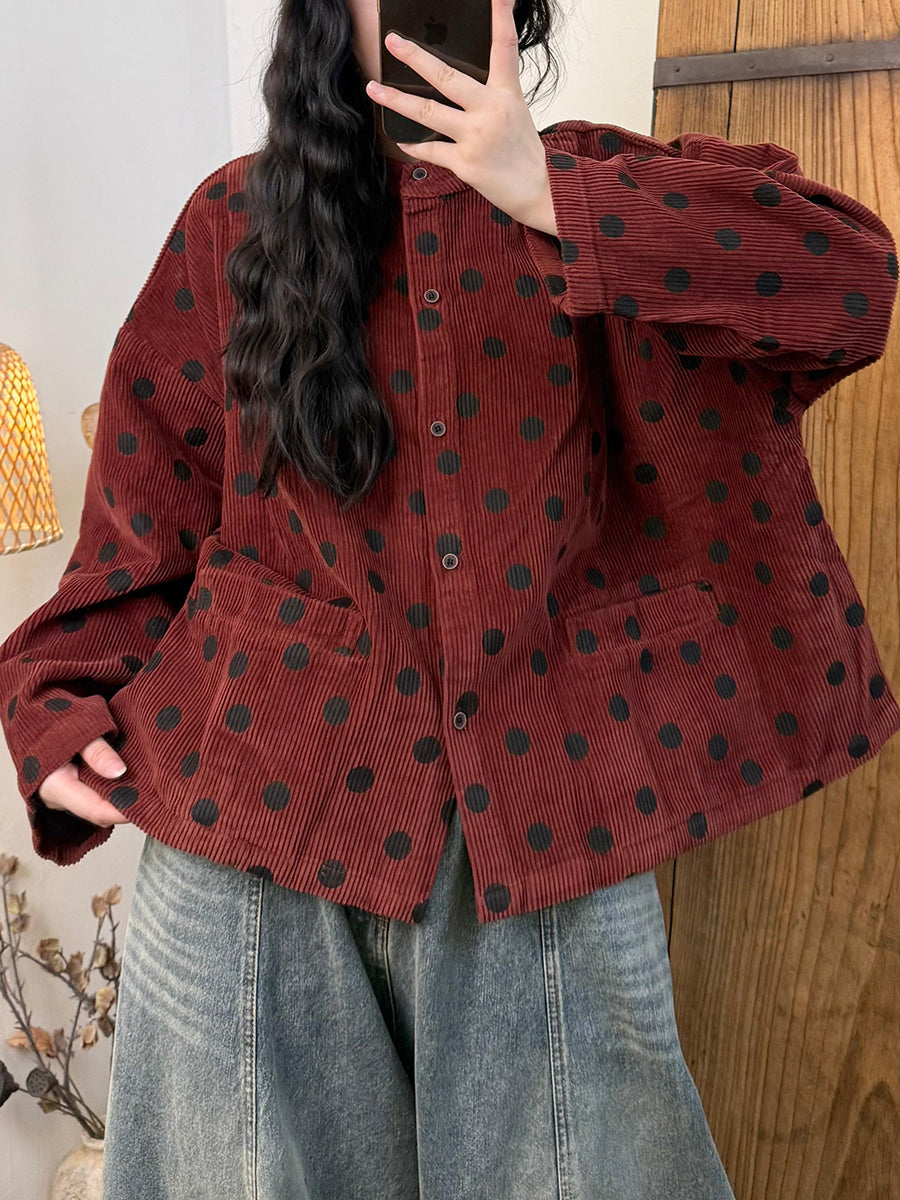 Plus Size Women Vintage Autumn Dot Stand Collar Corduroy Jacket
