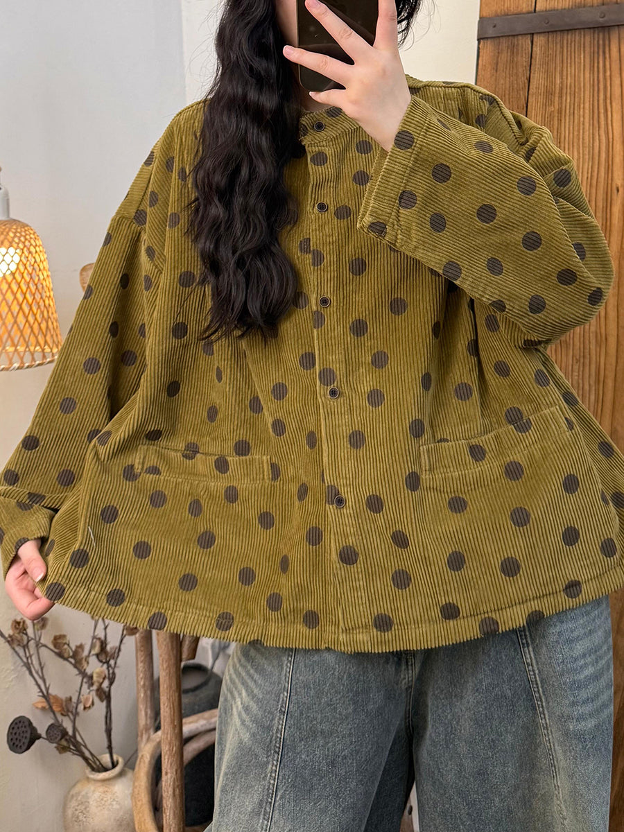 Plus Size Women Vintage Autumn Dot Stand Collar Corduroy Jacket