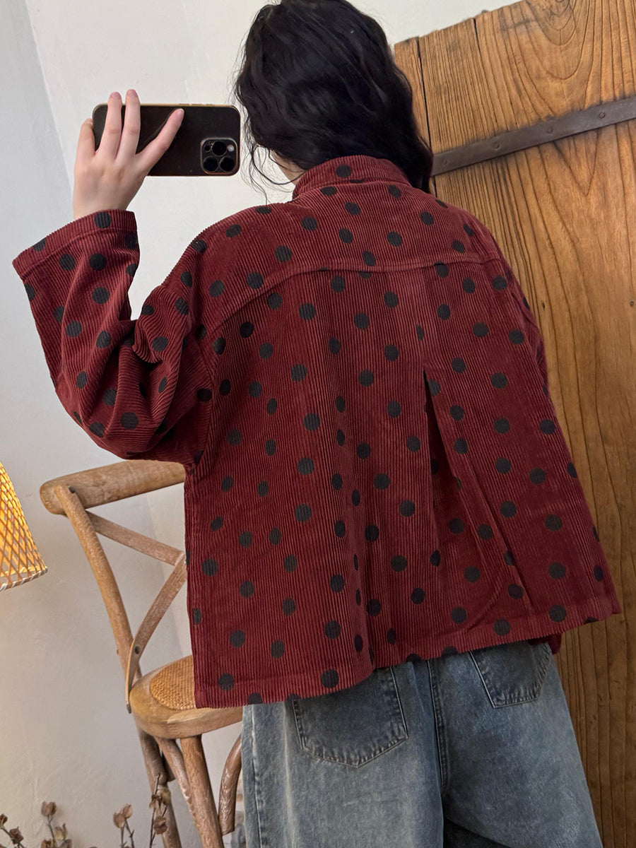 Plus Size Women Vintage Autumn Dot Stand Collar Corduroy Jacket