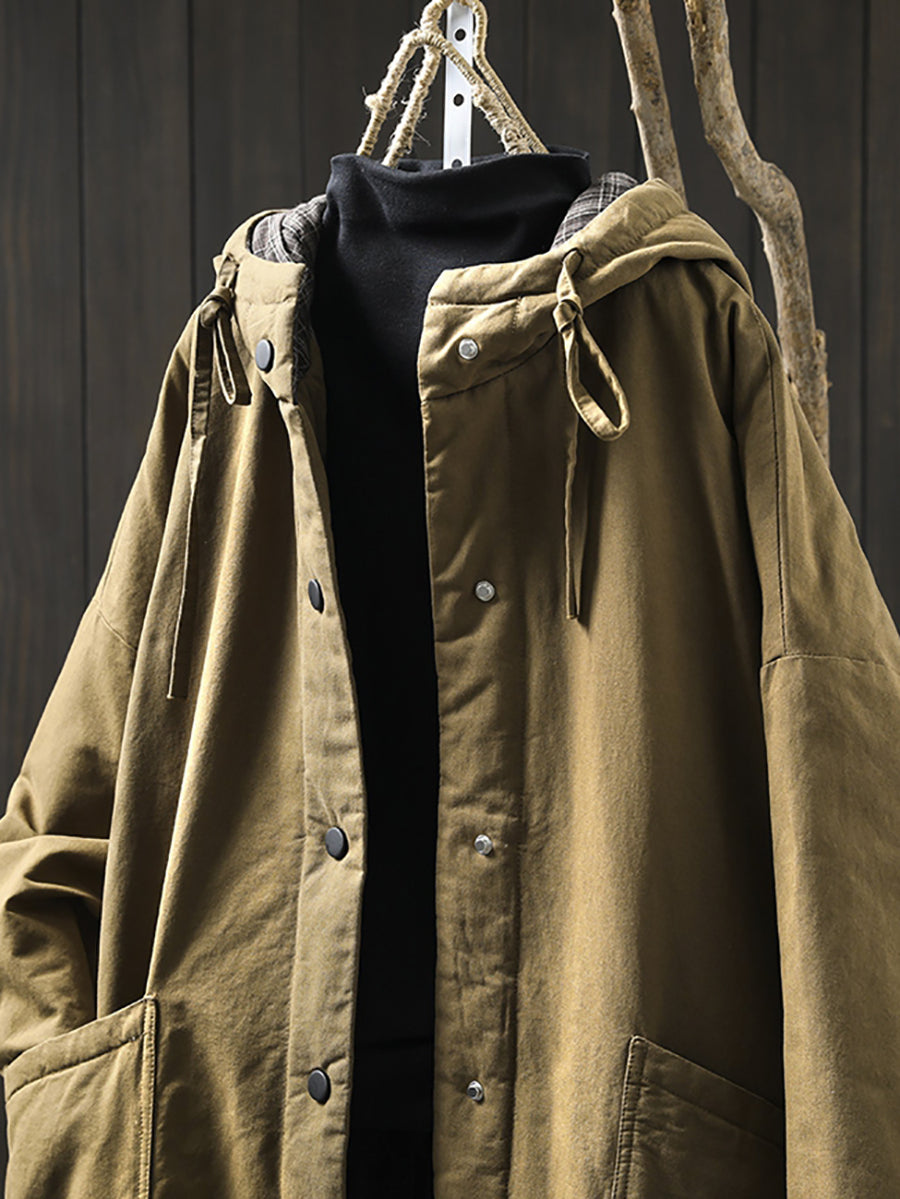 Plus Size Women Autumn Casual Pure Color Hooded Padded Coat