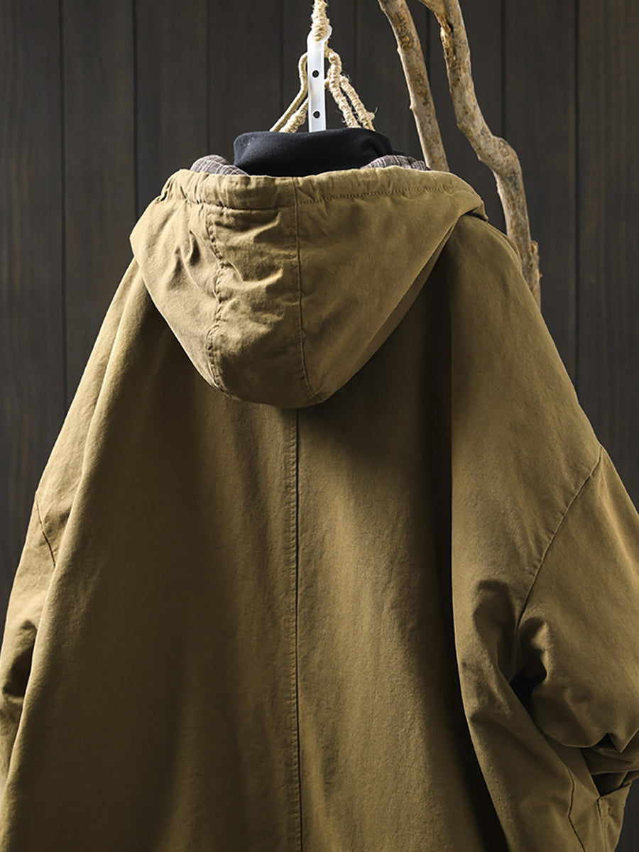 Plus Size Women Autumn Casual Pure Color Hooded Padded Coat