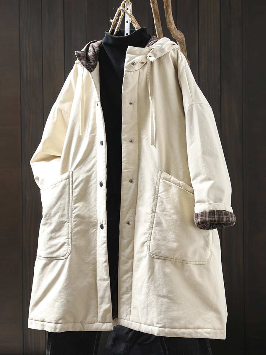 Plus Size Women Autumn Casual Pure Color Hooded Padded Coat