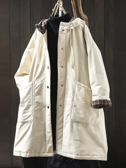 Plus Size Women Autumn Casual Pure Color Hooded Padded Coat