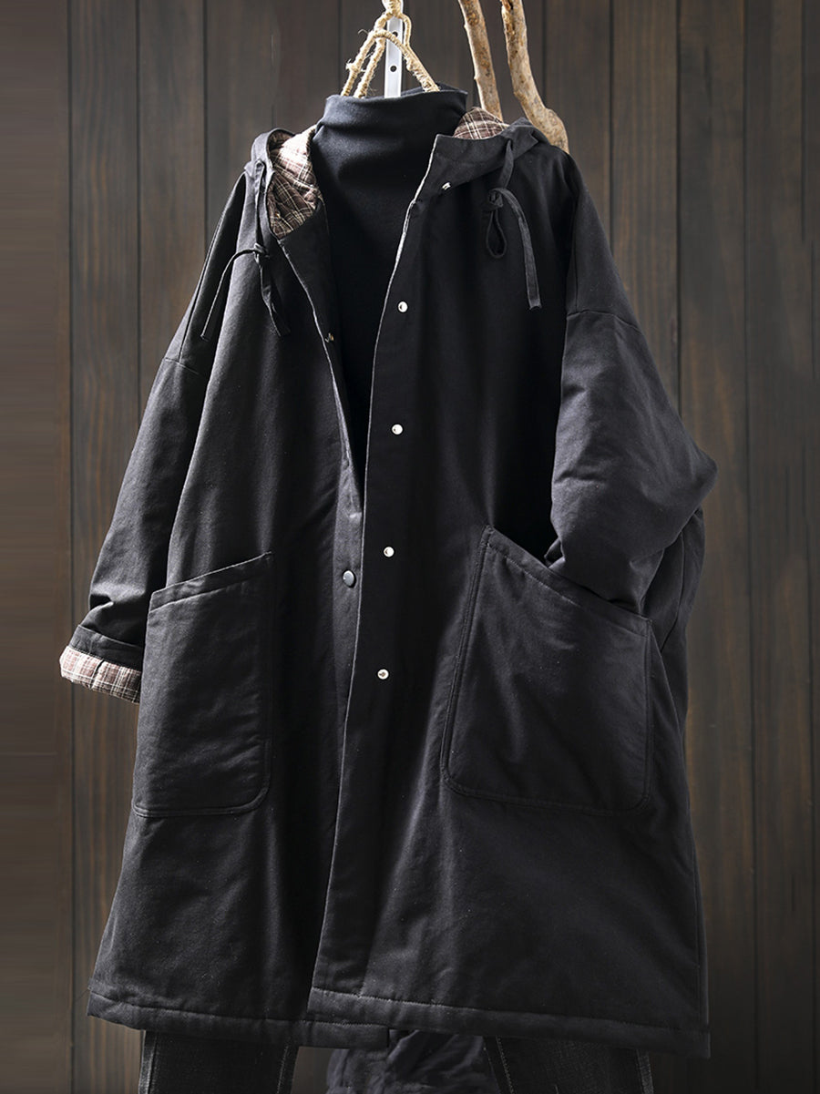 Plus Size Women Autumn Casual Pure Color Hooded Padded Coat