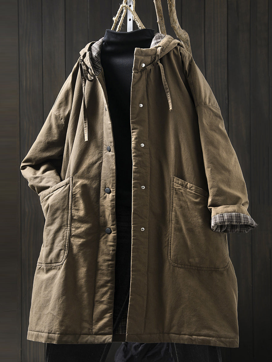 Plus Size Women Autumn Casual Pure Color Hooded Padded Coat