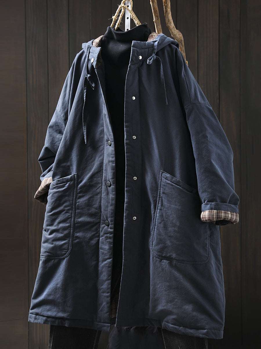 Plus Size Women Autumn Casual Pure Color Hooded Padded Coat