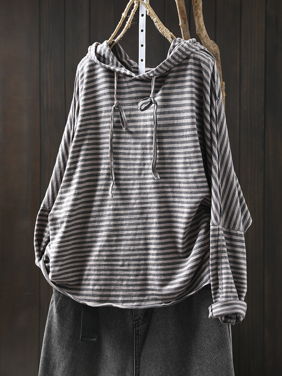 Plus Size Women Autumn Artsy Stripe Cotton Hooded Hoodie