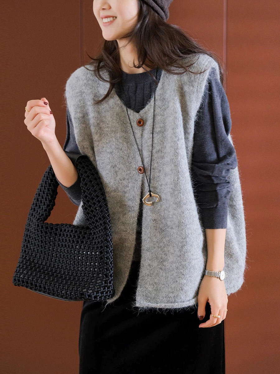 Women Winter Casual Pure Color V-Neck Wool Vest