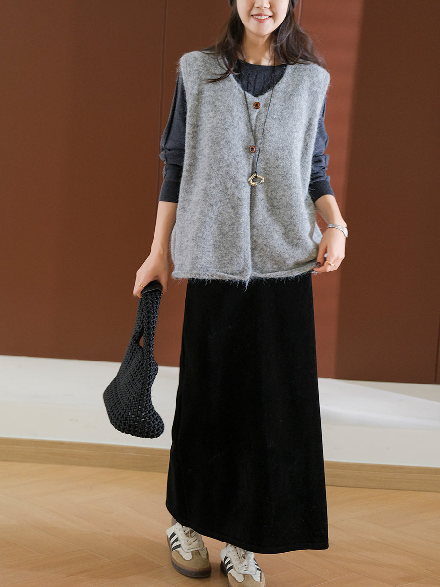 Women Winter Casual Pure Color V-Neck Wool Vest
