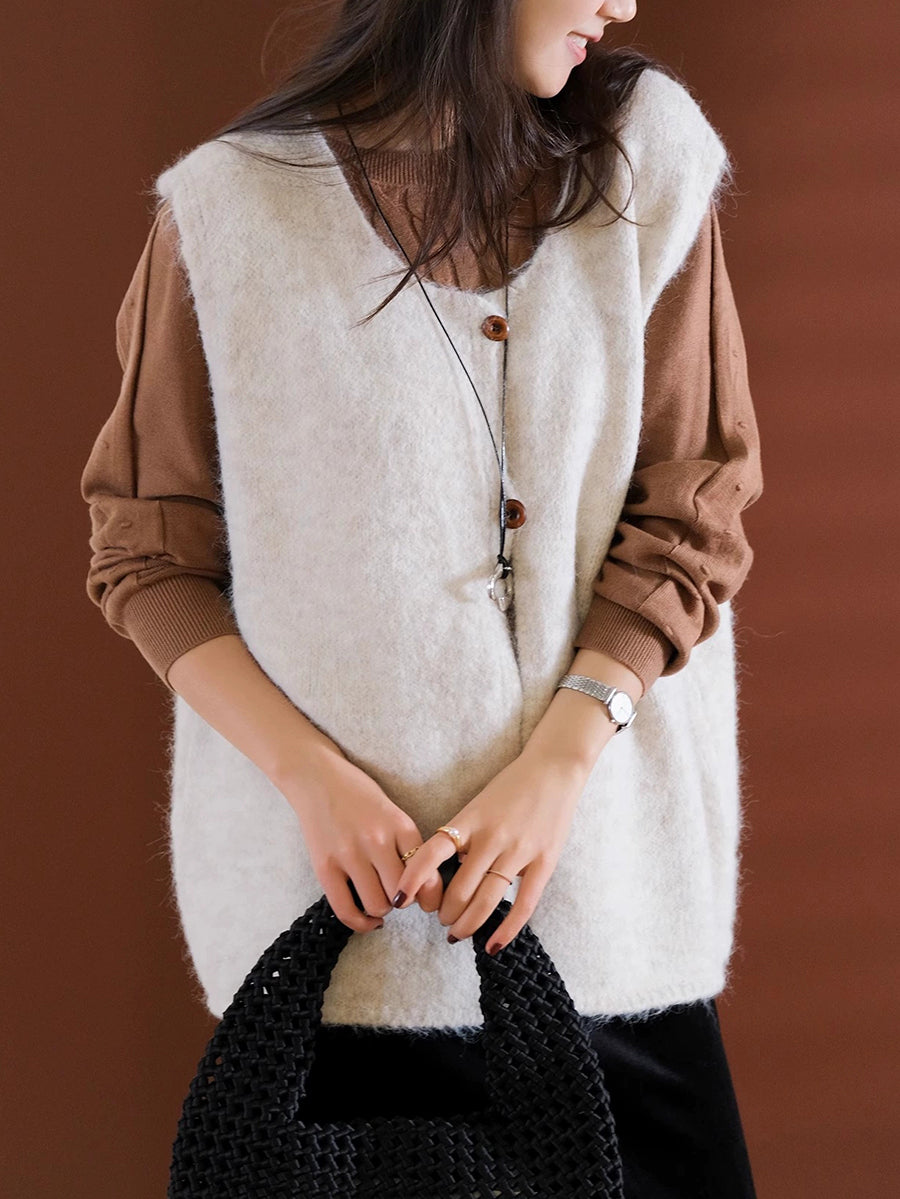 Women Winter Casual Pure Color V-Neck Wool Vest