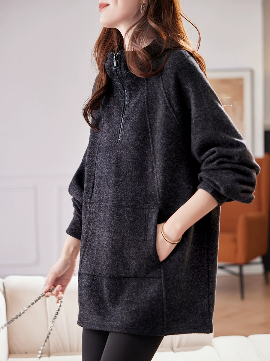Plus Size Women Winter Casual Pure Color Fleece-lined Hoodie