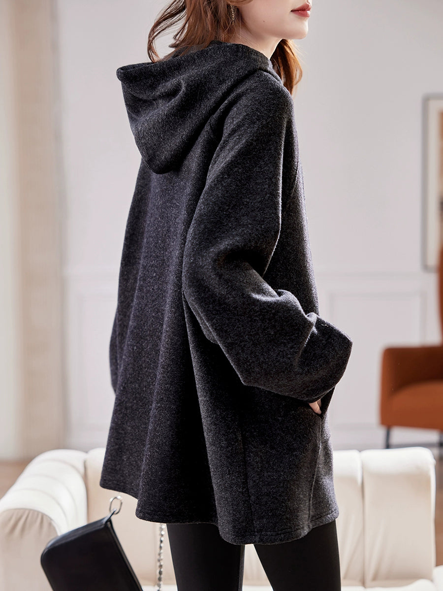 Plus Size Women Winter Casual Pure Color Fleece-lined Hoodie
