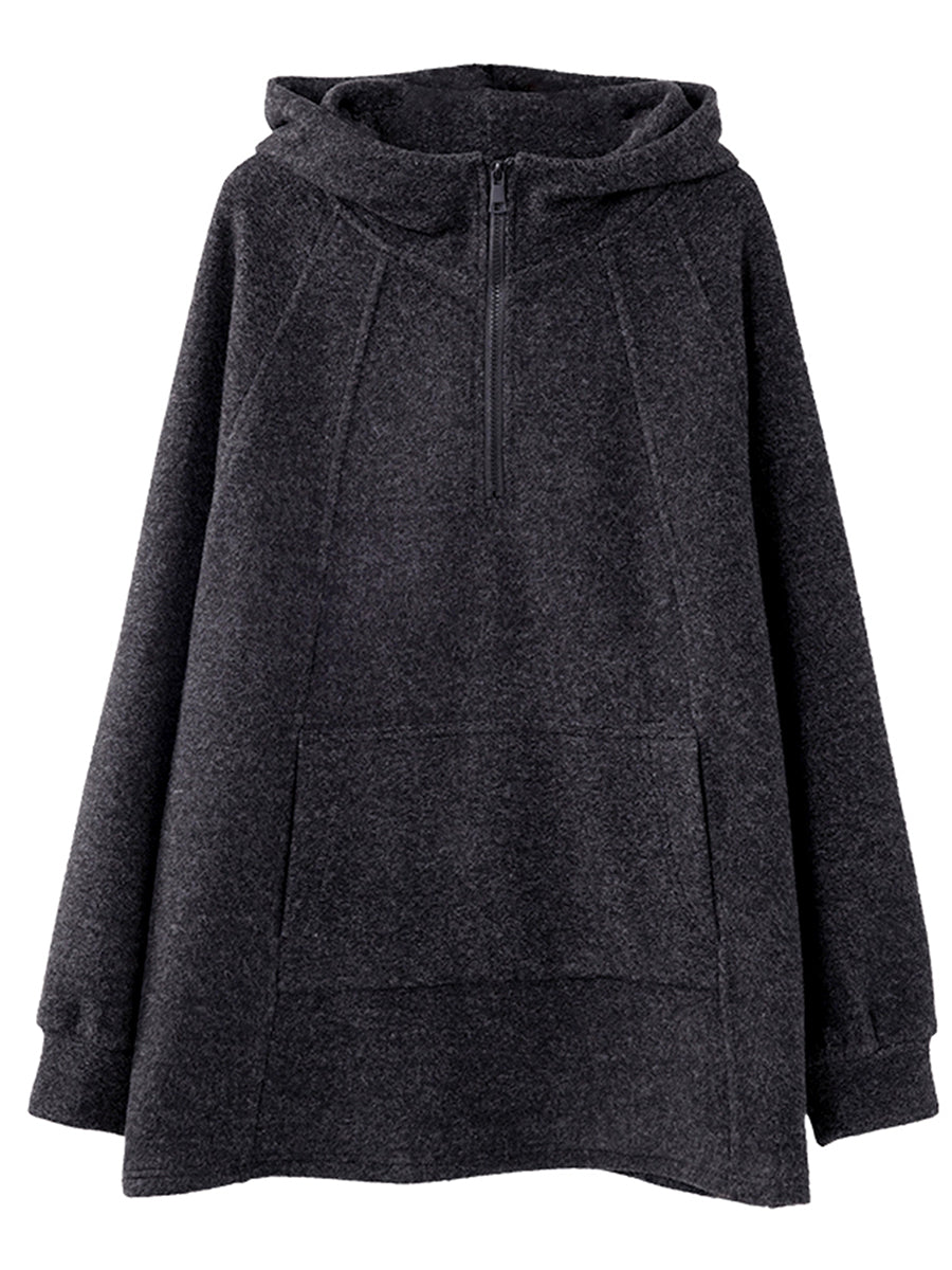 Plus Size Women Winter Casual Pure Color Fleece-lined Hoodie
