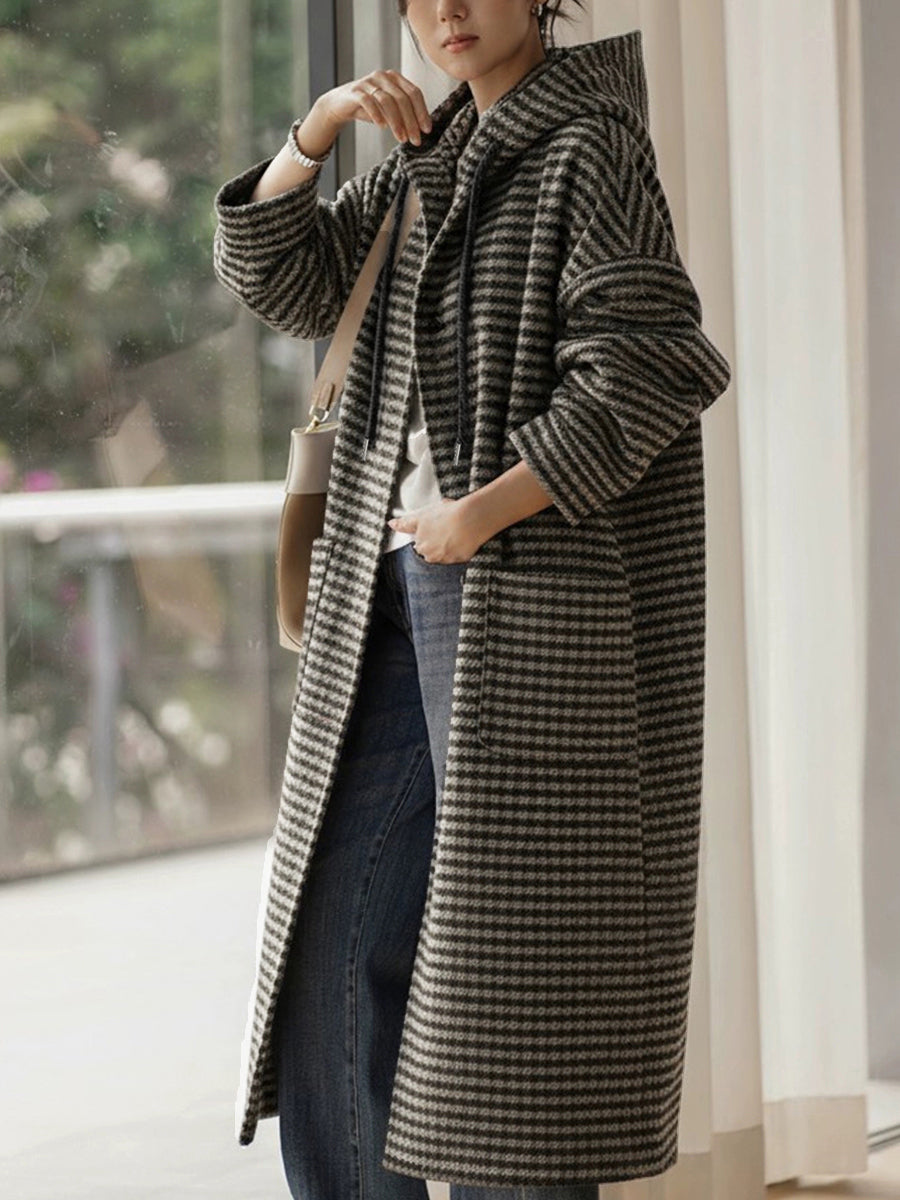 Plus Size Women Vintage Winter Stripe Hooded Coat