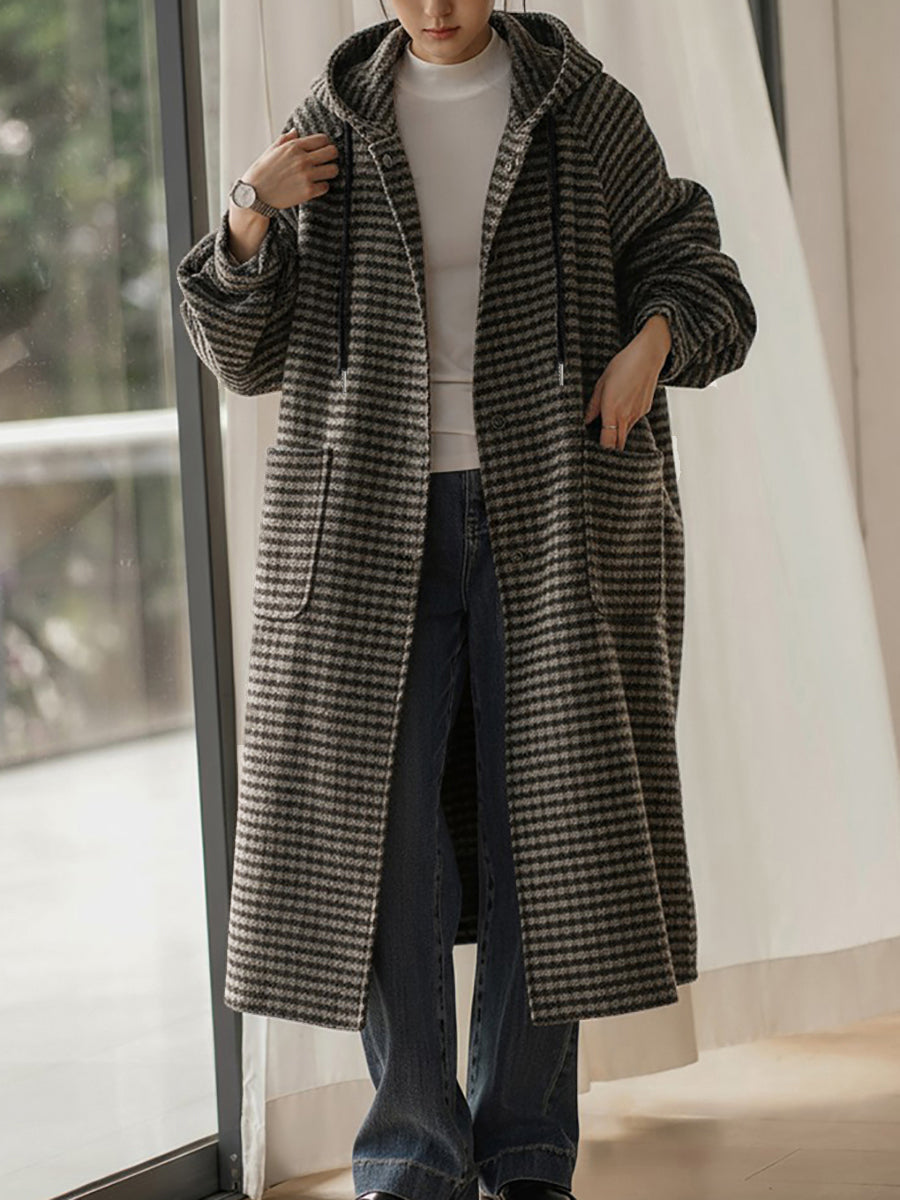 Plus Size Women Vintage Winter Stripe Hooded Coat