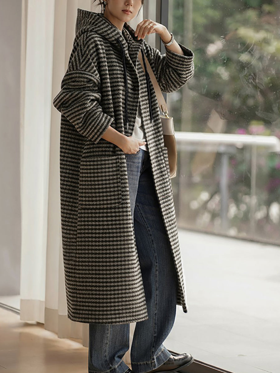 Plus Size Women Vintage Winter Stripe Hooded Coat