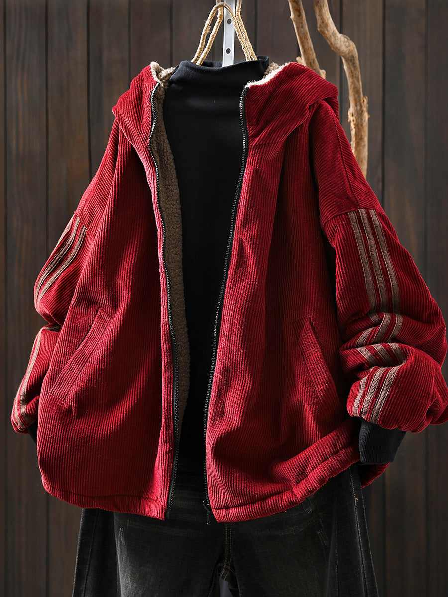 Plus Size Women Autumn Retro Pure Color Hooded Fleece Coat