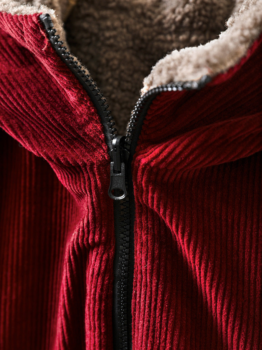 Plus Size Women Autumn Retro Pure Color Hooded Fleece Coat