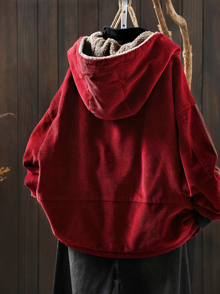 Plus Size Women Autumn Retro Pure Color Hooded Fleece Coat