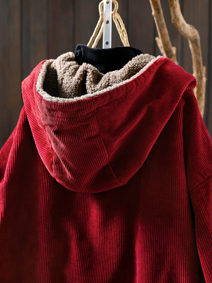 Plus Size Women Autumn Retro Pure Color Hooded Fleece Coat