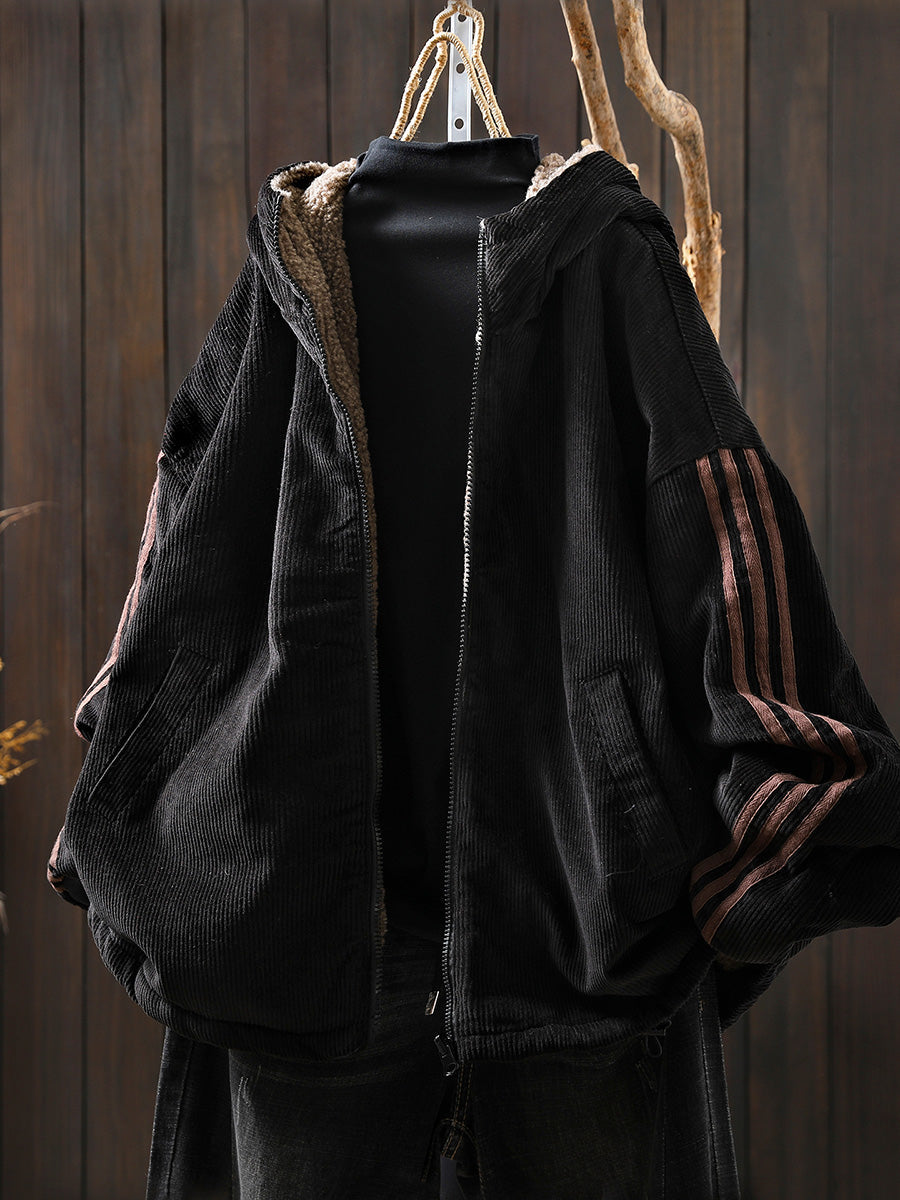 Plus Size Women Autumn Retro Pure Color Hooded Fleece Coat