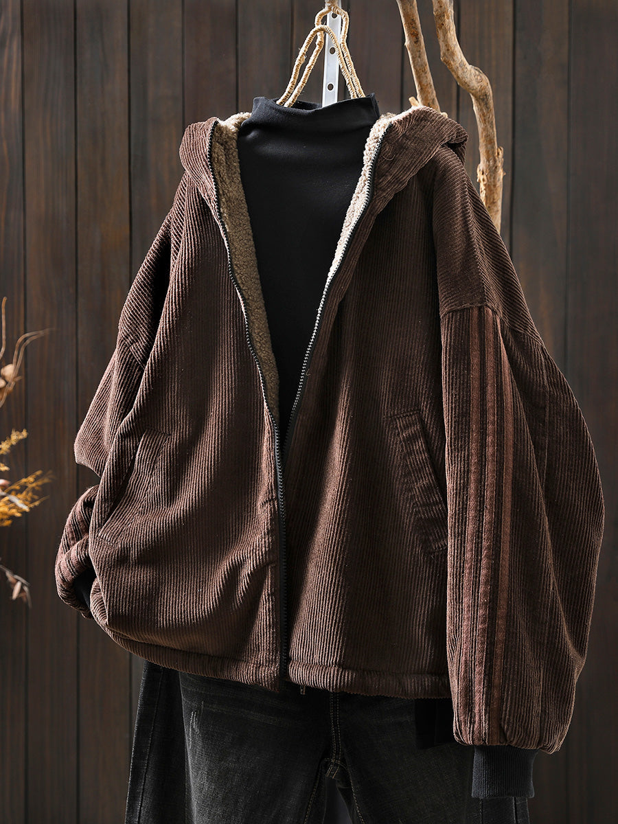 Plus Size Women Autumn Retro Pure Color Hooded Fleece Coat