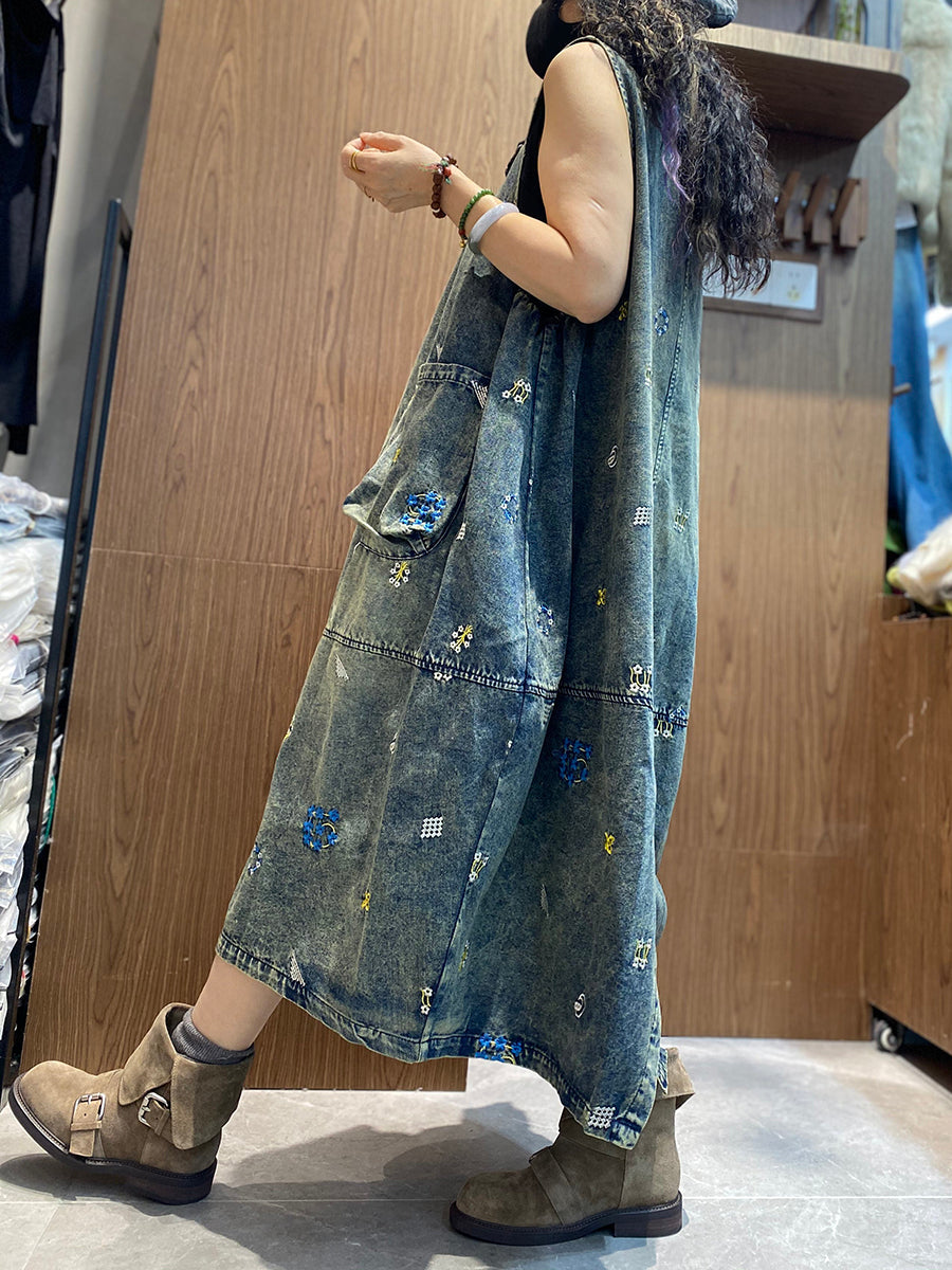 Women Spring Retro Floral Embroidery Denim Dress