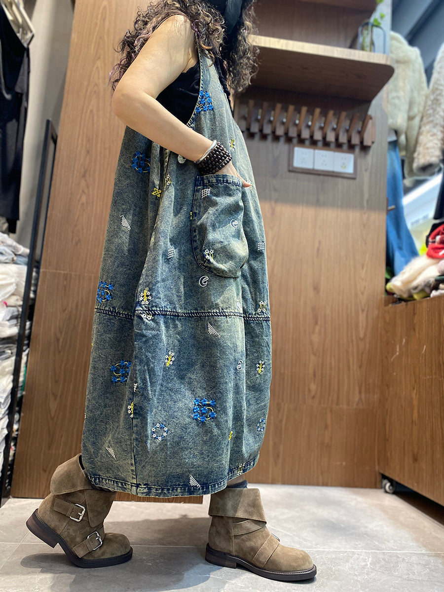Women Spring Retro Floral Embroidery Denim Dress