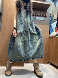 Women Spring Retro Floral Embroidery Denim Dress