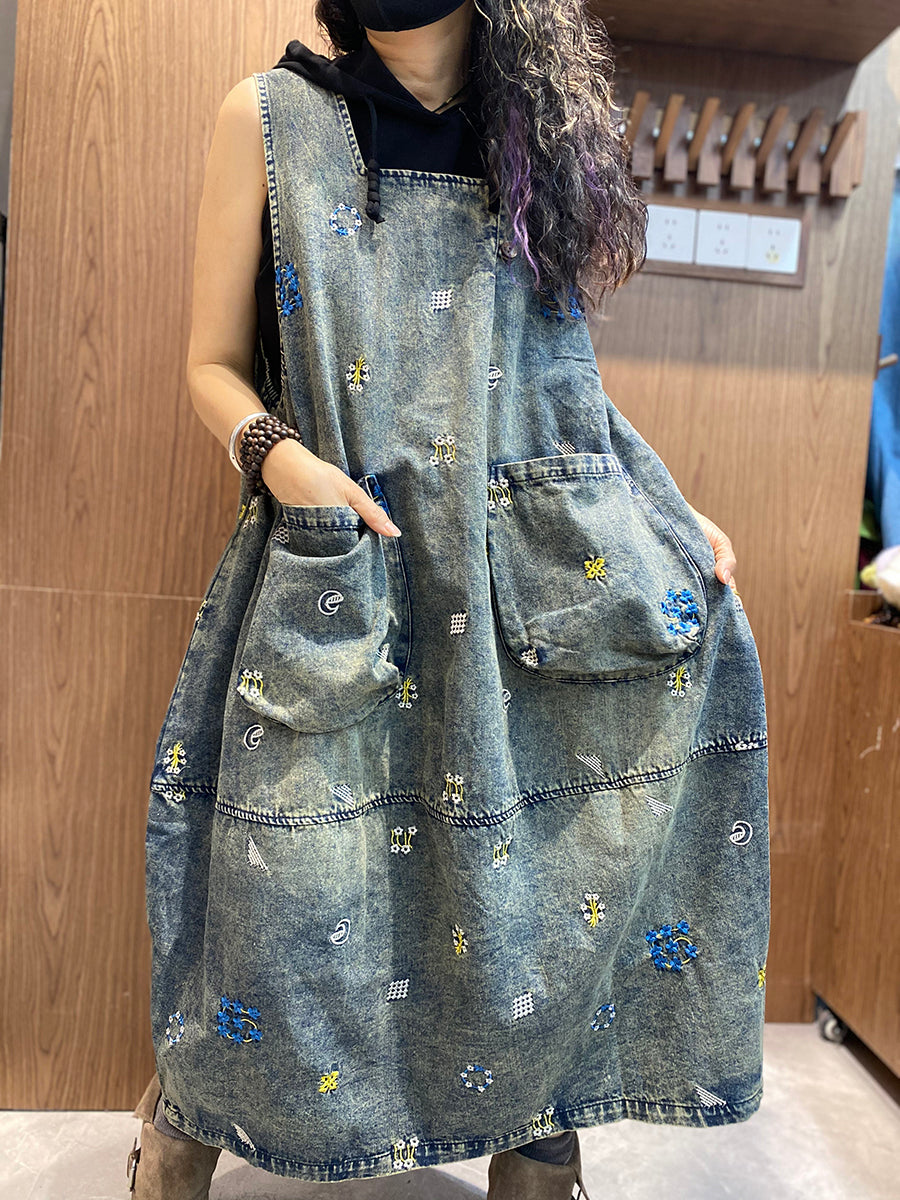 Women Spring Retro Floral Embroidery Denim Dress