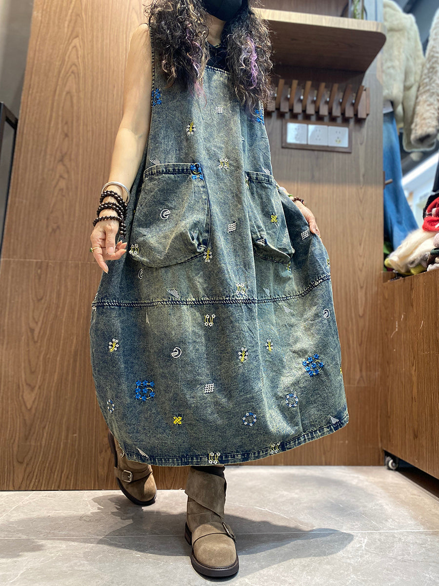 Women Spring Retro Floral Embroidery Denim Dress