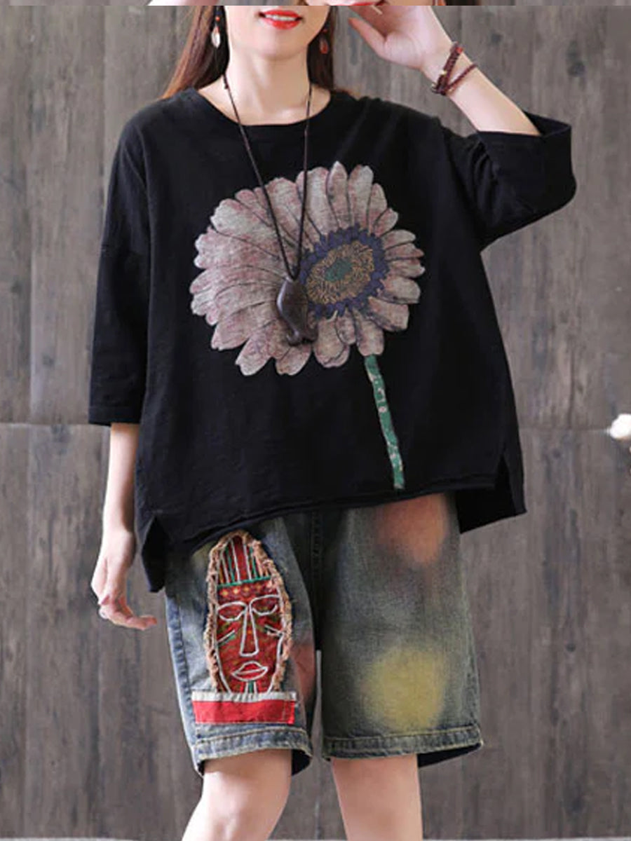 Plus Size Short Sleeve Sunflower Printed T-shirt