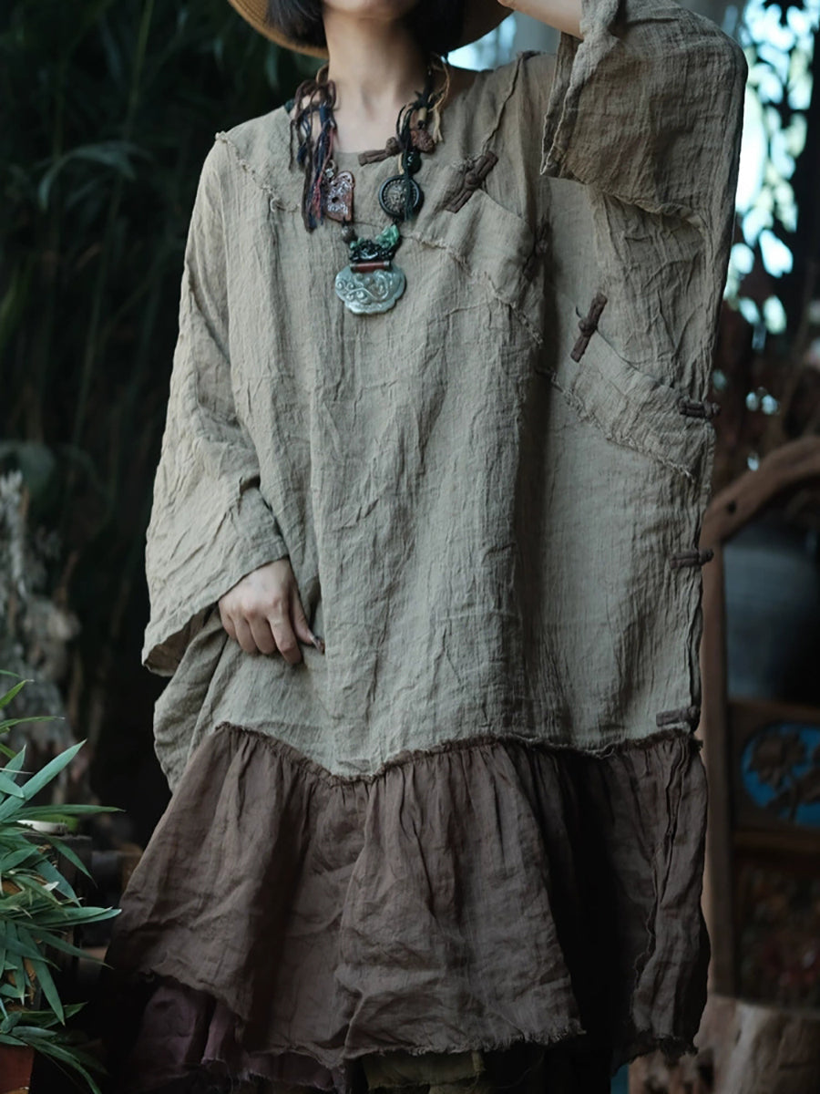 Women Spring Ethnic Colorblock Linen O-Neck Dress
