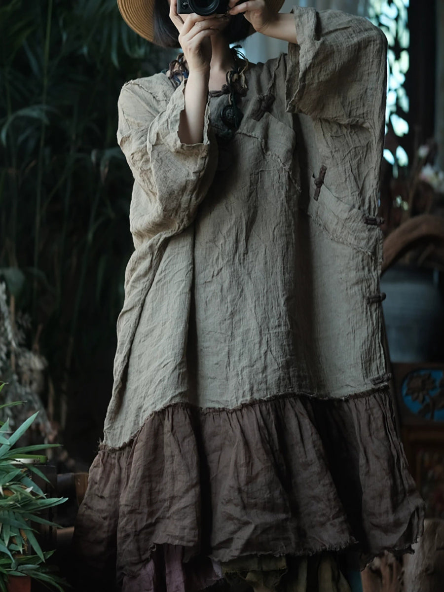 Women Spring Ethnic Colorblock Linen O-Neck Dress