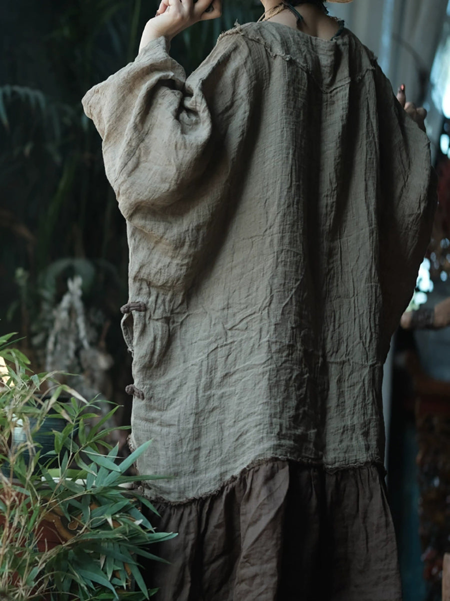 Women Spring Ethnic Colorblock Linen O-Neck Dress