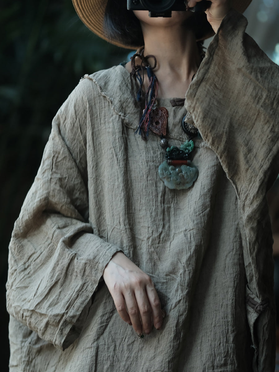 Women Spring Ethnic Colorblock Linen O-Neck Dress