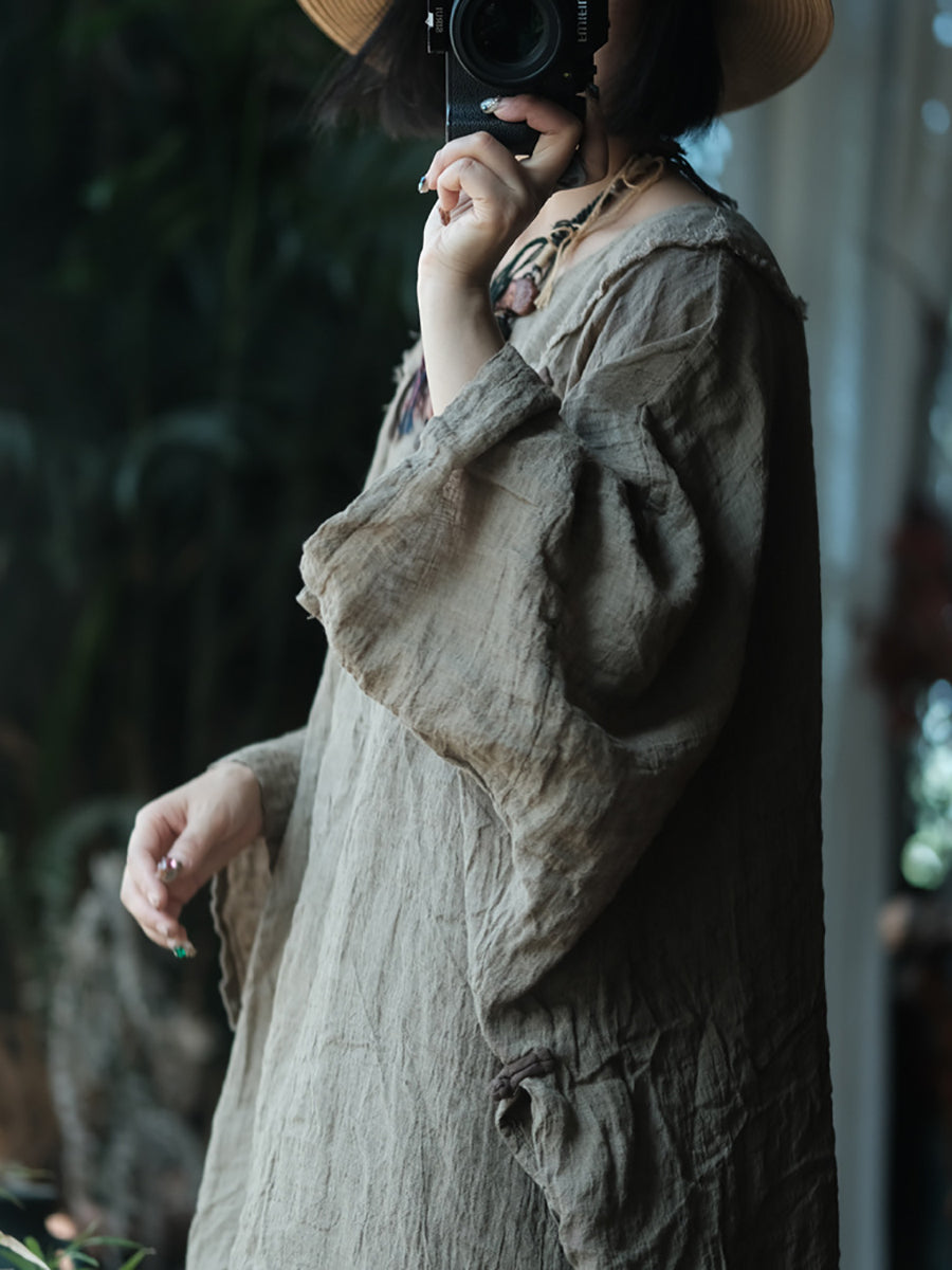 Women Spring Ethnic Colorblock Linen O-Neck Dress