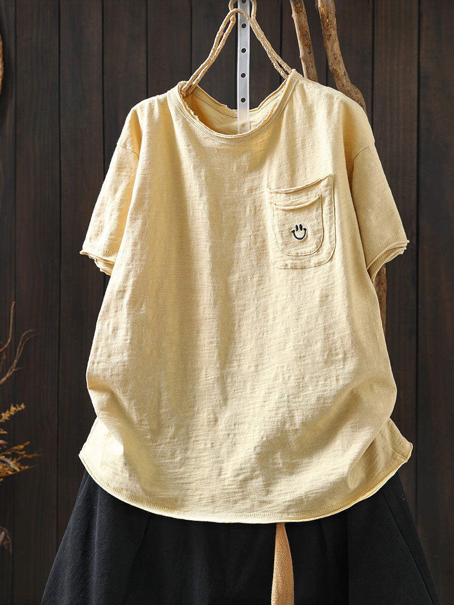 Plus Size Women Summer Artsy Smile O-Neck 100%Cotton T-Shirt