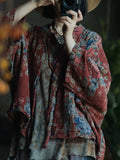 Plus Size Women Spring Retro Flower V-Neck Cotton Shirt Coat