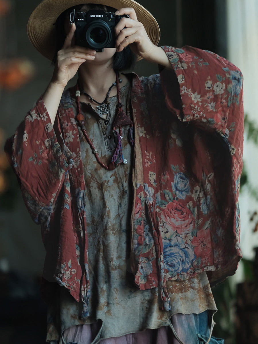 Plus Size Women Spring Retro Flower V-Neck Cotton Shirt Coat