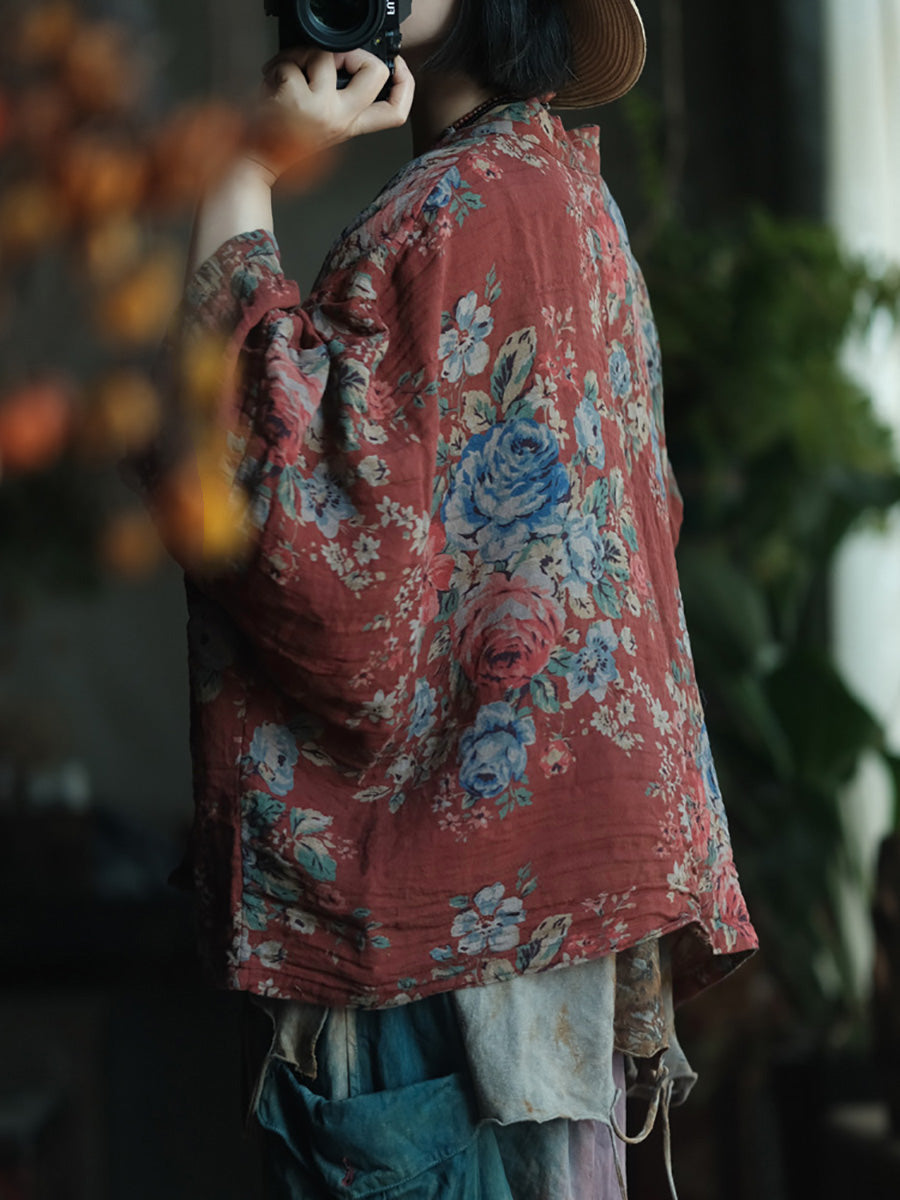 Plus Size Women Spring Retro Flower V-Neck Cotton Shirt Coat