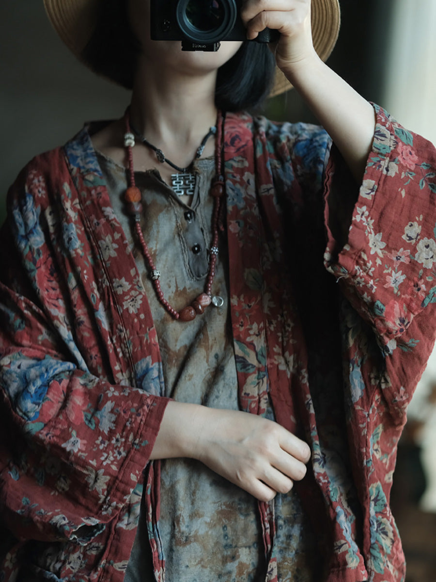 Plus Size Women Spring Retro Flower V-Neck Cotton Shirt Coat