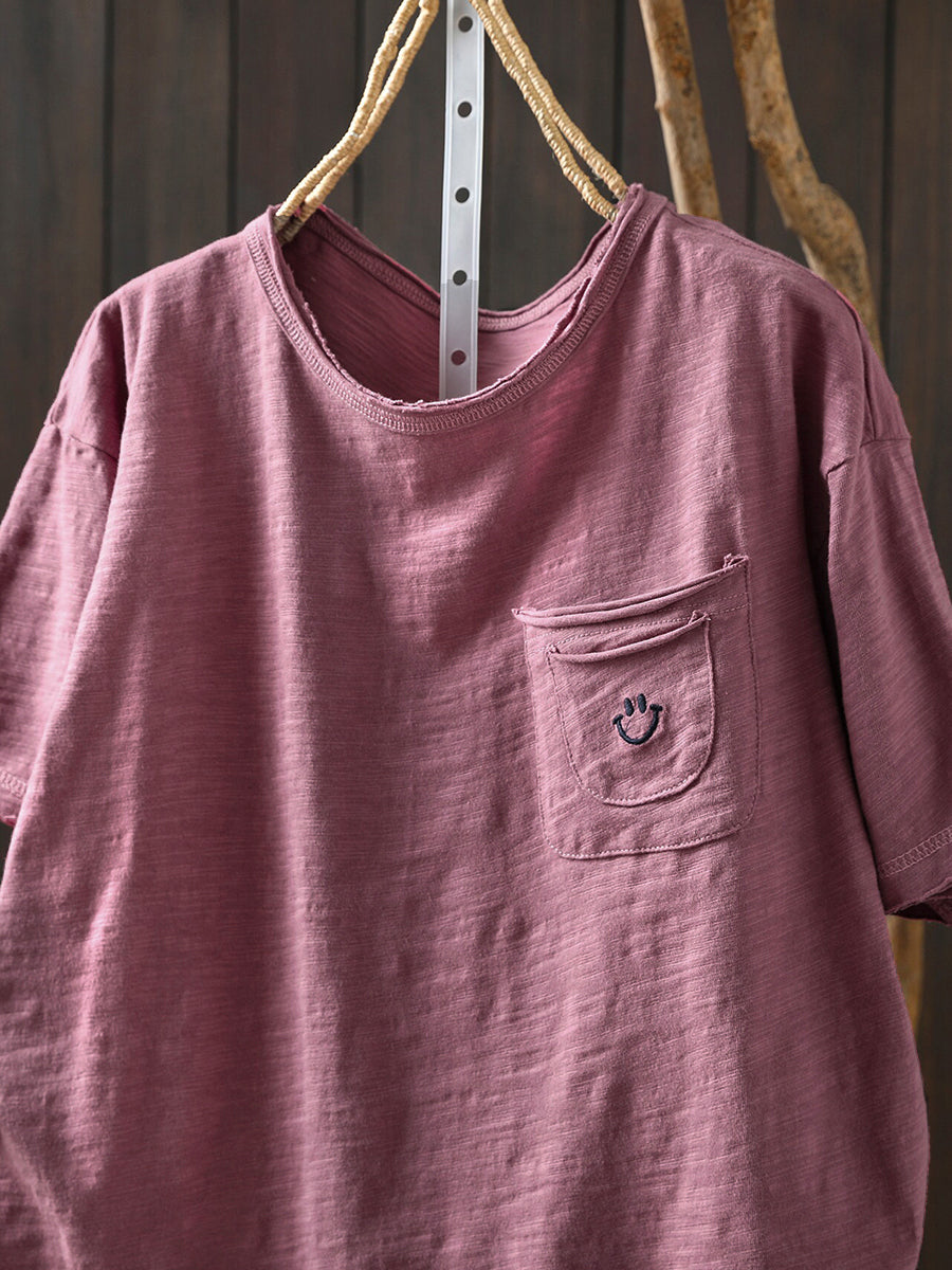 Plus Size Women Summer Artsy Smile O-Neck 100%Cotton T-Shirt