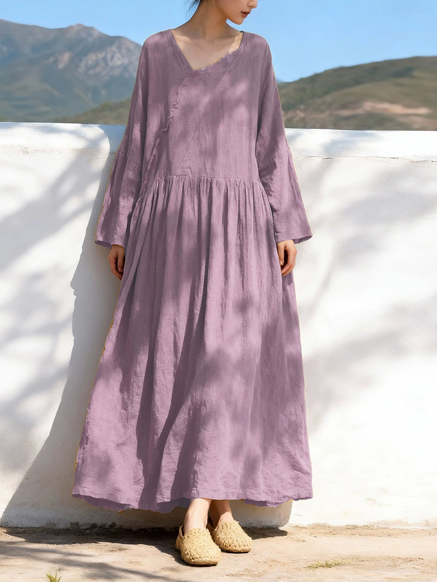 Plus Size Women Spring Vintage Pure Color Cotton V-Neck Dress