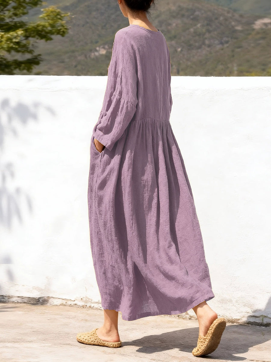 Plus Size Women Spring Vintage Pure Color Cotton V-Neck Dress