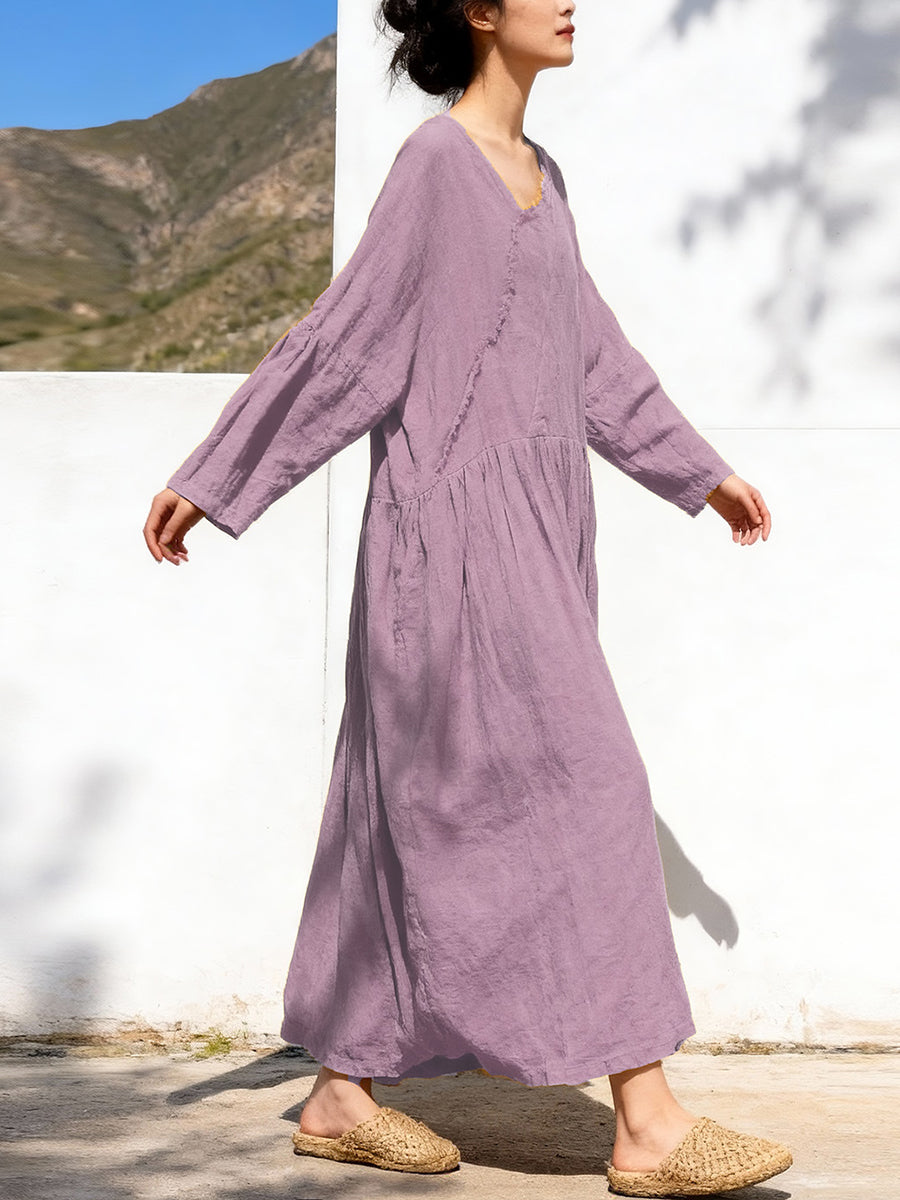 Plus Size Women Spring Vintage Pure Color Cotton V-Neck Dress