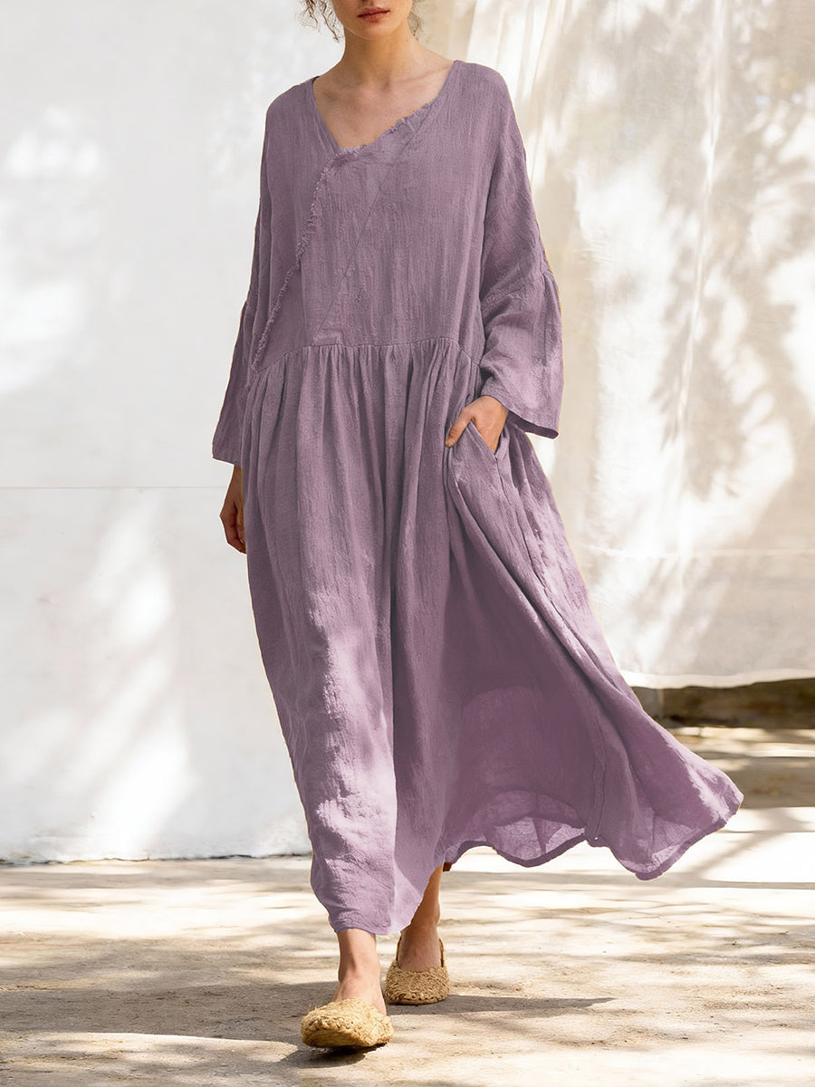 Plus Size Women Spring Vintage Pure Color Cotton V-Neck Dress
