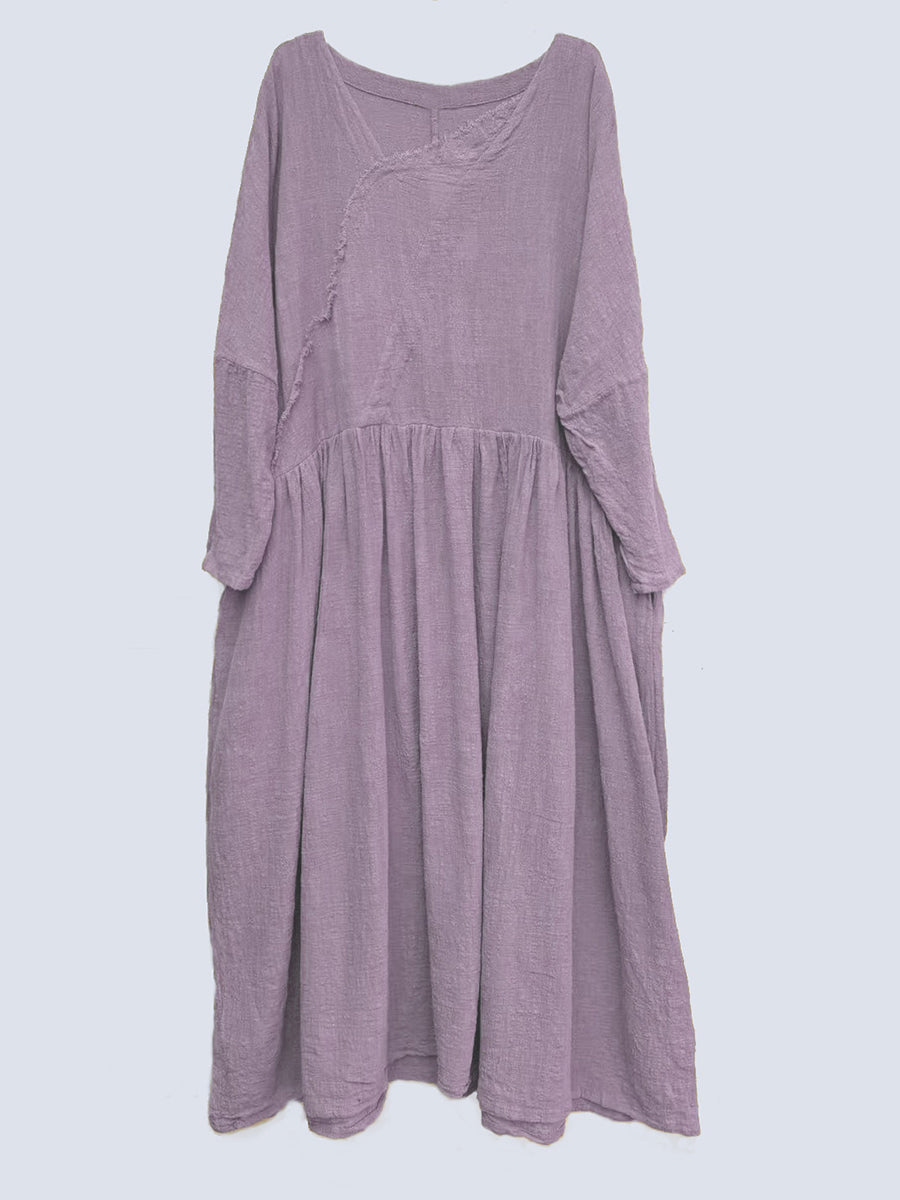 Plus Size Women Spring Vintage Pure Color Cotton V-Neck Dress