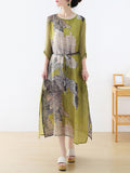 Plus Size Women Summer Artsy Flower O-Neck Ramie Silk Dress