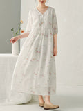 Plus Size Women Summer Artsy Floral Ramie V-Neck Dress